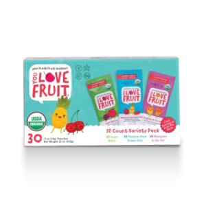 you love fruit - fruit snacks variety pack 30 count, 100% natural gluten-free, vegan, low carb, low fat fruit kosher snacks for kids, college students, teachers and offices, healthy fruit snacks for weight loss (passion fruit, super berry, mango)