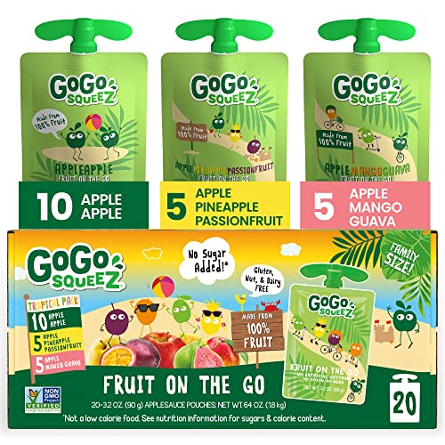 GoGo squeeZ Fruit on the Go Variety Pack, Apple, Mango Guava & Pineapple Passionfruit, 3.2 oz (Pack of 20), Unsweetened Snacks for Kids, No Gluten, Nut Dairy, Recloseable Cap, BPA Free Pouches