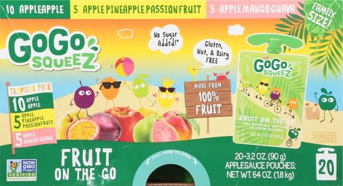 GoGo squeeZ Fruit on the Go Variety Pack, Apple, Mango Guava & Pineapple Passionfruit, 3.2 oz (Pack of 20), Unsweetened Snacks for Kids, No Gluten, Nut Dairy, Recloseable Cap, BPA Free Pouches