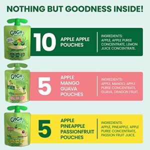 GoGo squeeZ Fruit on the Go Variety Pack, Apple, Mango Guava & Pineapple Passionfruit, 3.2 oz (Pack of 20), Unsweetened Snacks for Kids, No Gluten, Nut Dairy, Recloseable Cap, BPA Free Pouches