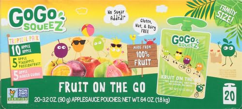 GoGo squeeZ Fruit on the Go Variety Pack, Apple, Mango Guava & Pineapple Passionfruit, 3.2 oz (Pack of 20), Unsweetened Snacks for Kids, No Gluten, Nut Dairy, Recloseable Cap, BPA Free Pouches