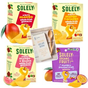 solely fruit gummies variety pack of 4 bundle - 1 of each flavor (organic mango, mango and orange, mango and guava, mango and passion fruit) 13 oz total no added sugar vegan organic whole dried fruit snacks