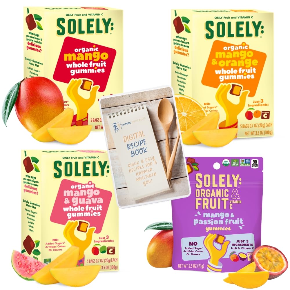 Solely Fruit Gummies Variety Pack of 4 Bundle - 1 of each flavor (Organic Mango, Mango and Orange, Mango and Guava, Mango and Passion Fruit) 13 oz total No Added Sugar Vegan Organic Whole Dried Fruit Snacks