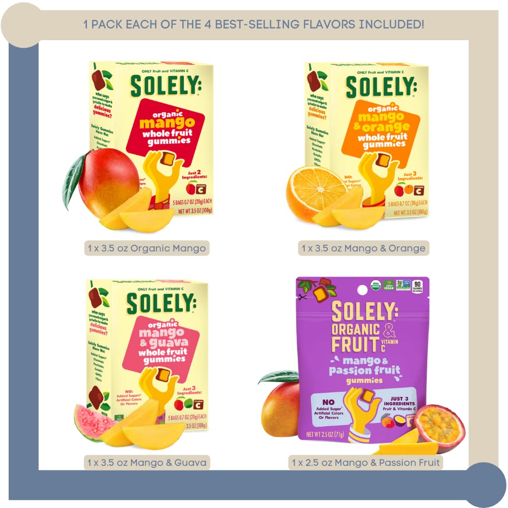 Solely Fruit Gummies Variety Pack of 4 Bundle - 1 of each flavor (Organic Mango, Mango and Orange, Mango and Guava, Mango and Passion Fruit) 13 oz total No Added Sugar Vegan Organic Whole Dried Fruit Snacks