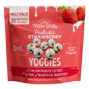 nature's garden probiotic strawberry yoggies, 21oz (30 x 0.7oz), yoggie bites strawberry strawberry yogurt covered snack pack, high fiber, delicious real fruit pieces, no artificial ingredients, healthy snack for adults