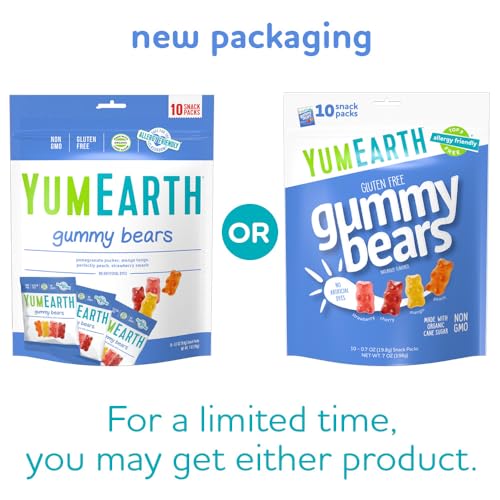 YumEarth Organic Fruit Flavored Gummy Bears, 10- .7oz. Snack Packs, Allergy Friendly, Gluten Free, Non-GMO, No Artificial Flavors or Dyes