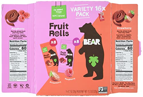 BEAR Real Fruit Rolls - Variety Pack - 16 Count (2 Rolls Per Pack)