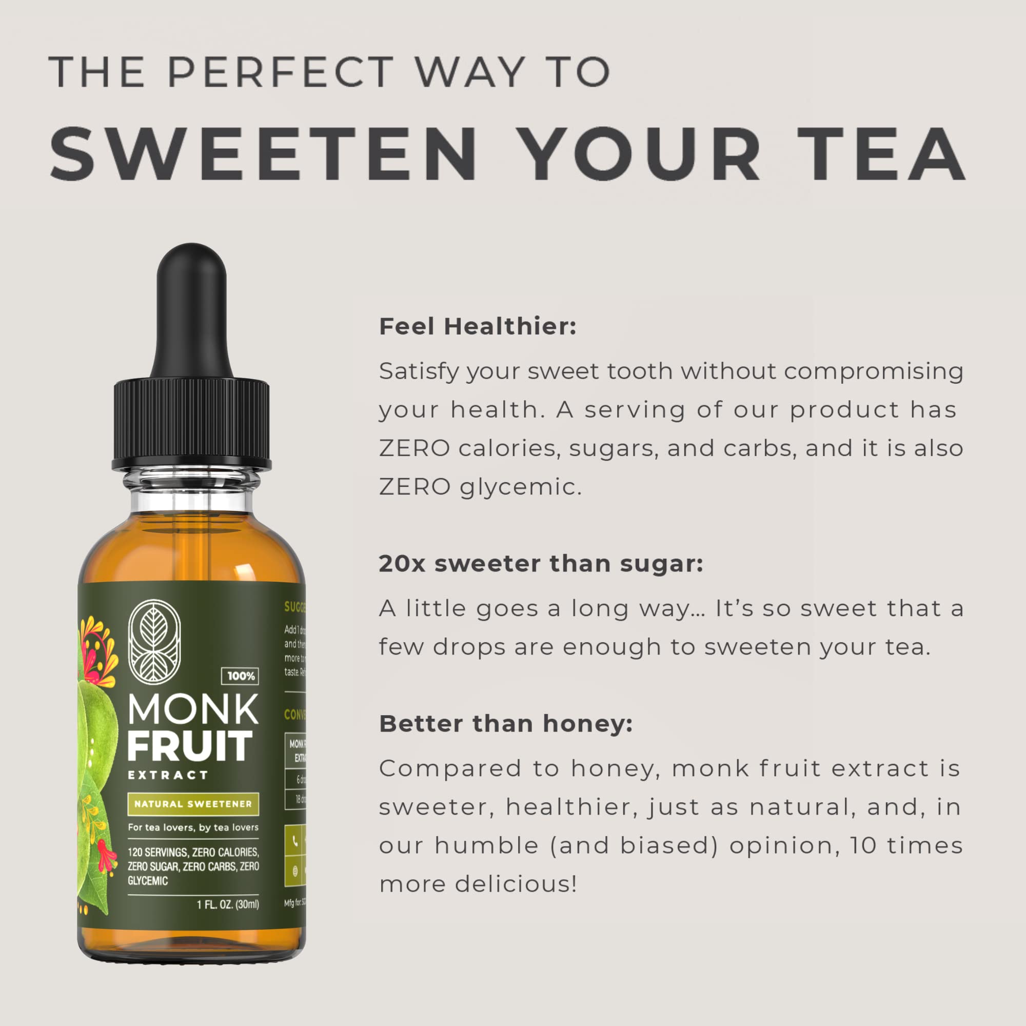 MONK FRUIT SWEETENER LIQUID - 100% MONK FRUIT EXTRACT - No Erythritol, Zero Calories & Sugars, No added water, Keto-friendly, Designed for Tea Lovers