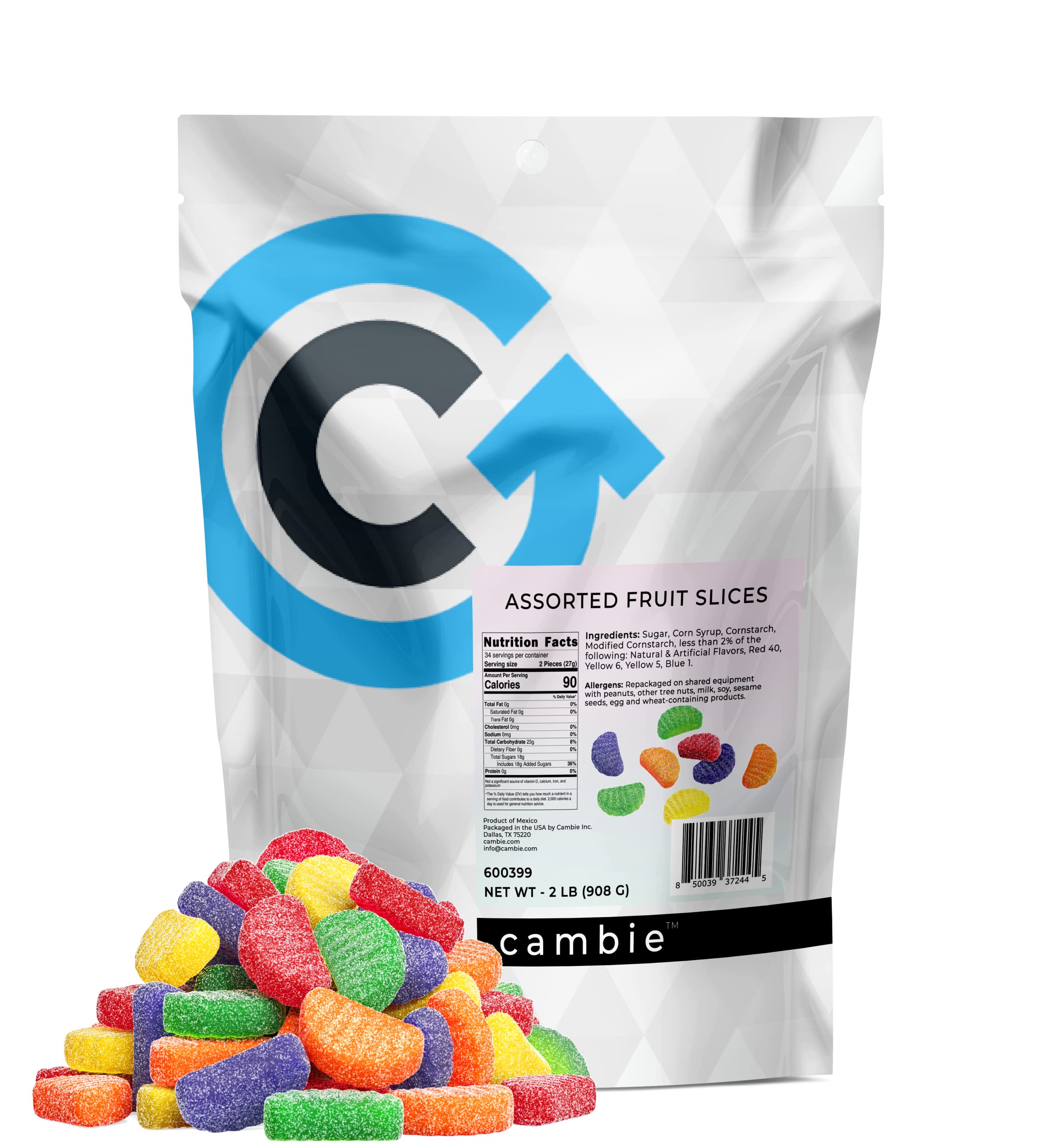 Assorted Fruit Slices Gummy Candy by Cambie | 2 lbs of Fruit Flavored Jellies | Bulk Assorted Fruit Slices Gummy Candy Packaged in a Resealable Pouch | 2 lb