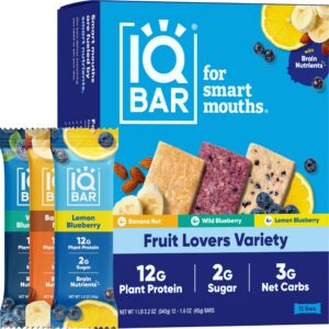 iqbar brain and body plant protein bars - fruit lovers variety - 12 count, low carb, high fiber, gluten free, vegan snacks - low sugar keto bar pack