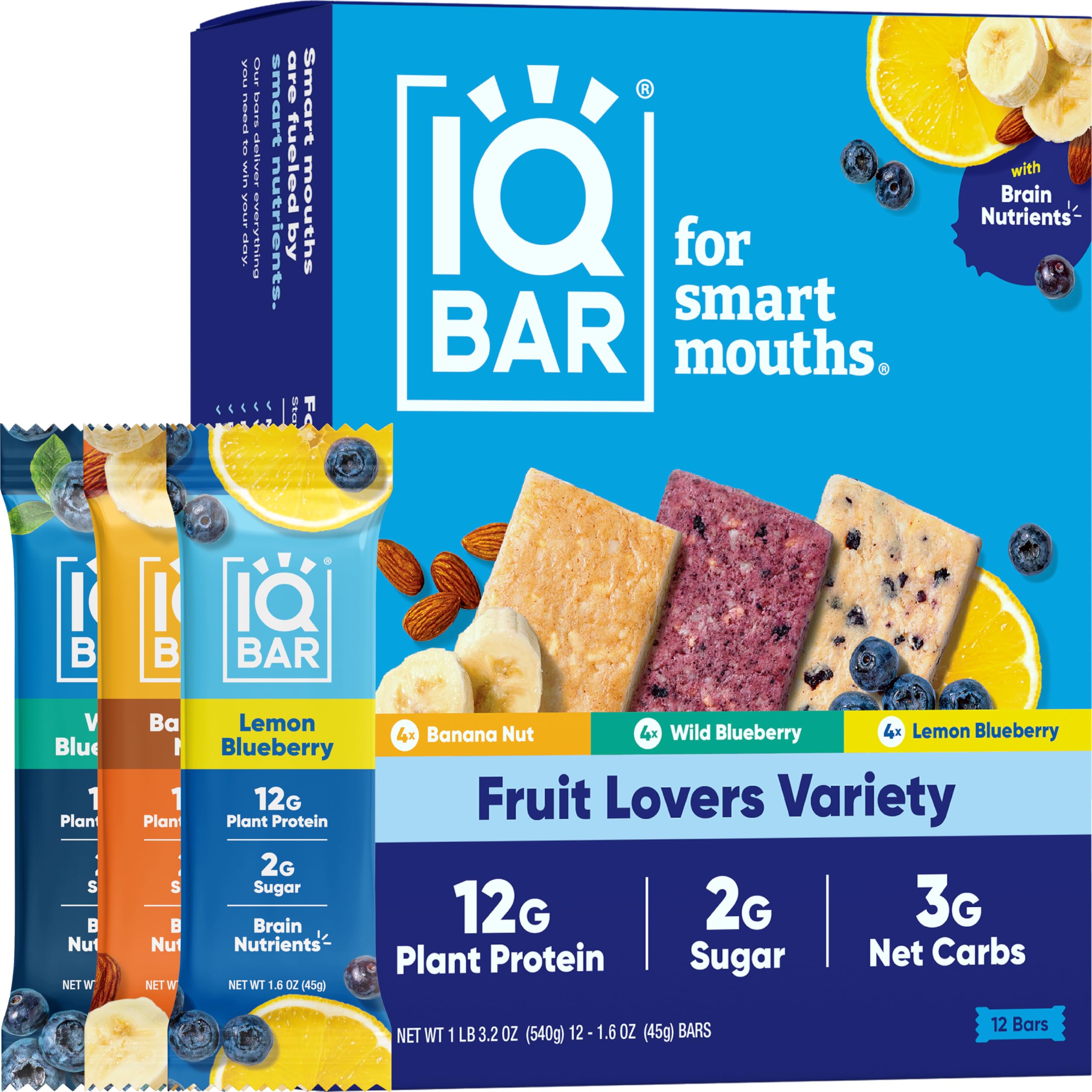 IQBAR Brain and Body Plant Protein Bars - Fruit Lovers Variety - 12 Count, Low Carb, High Fiber, Gluten Free, Vegan Snacks - Low Sugar Keto Bar Pack