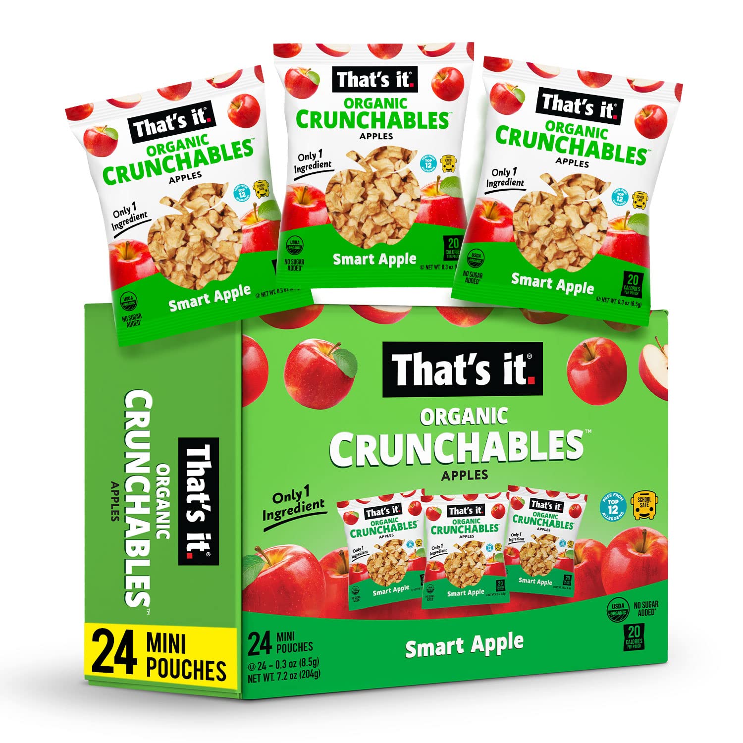 That’s it. Crunchables Fruit Snacks for Kids 100% Organic Apple, Deliciously Healthy and Light, Plant-Based,Non-Gmo, Gluten Free, USDA Approved Snacks 24 Packs (8.5 g)