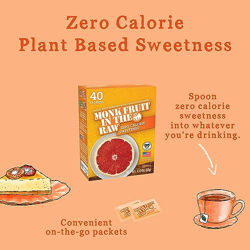 MONK FRUIT IN THE RAW Zero-Calorie Sugar Substitute Packets - Natural Monk Fruit Sweetener Powder, No Erythritol, Plant-Based Keto Sweetener, Diabetic Friendly, 40 Packets Ea (Pack of 2)