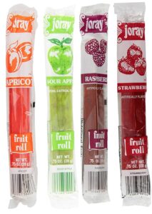 joray fruit roll variety pack! apricot, strawberry, raspberry, sour apple.75 oz fruit leather (total of 24 fruit leathers)