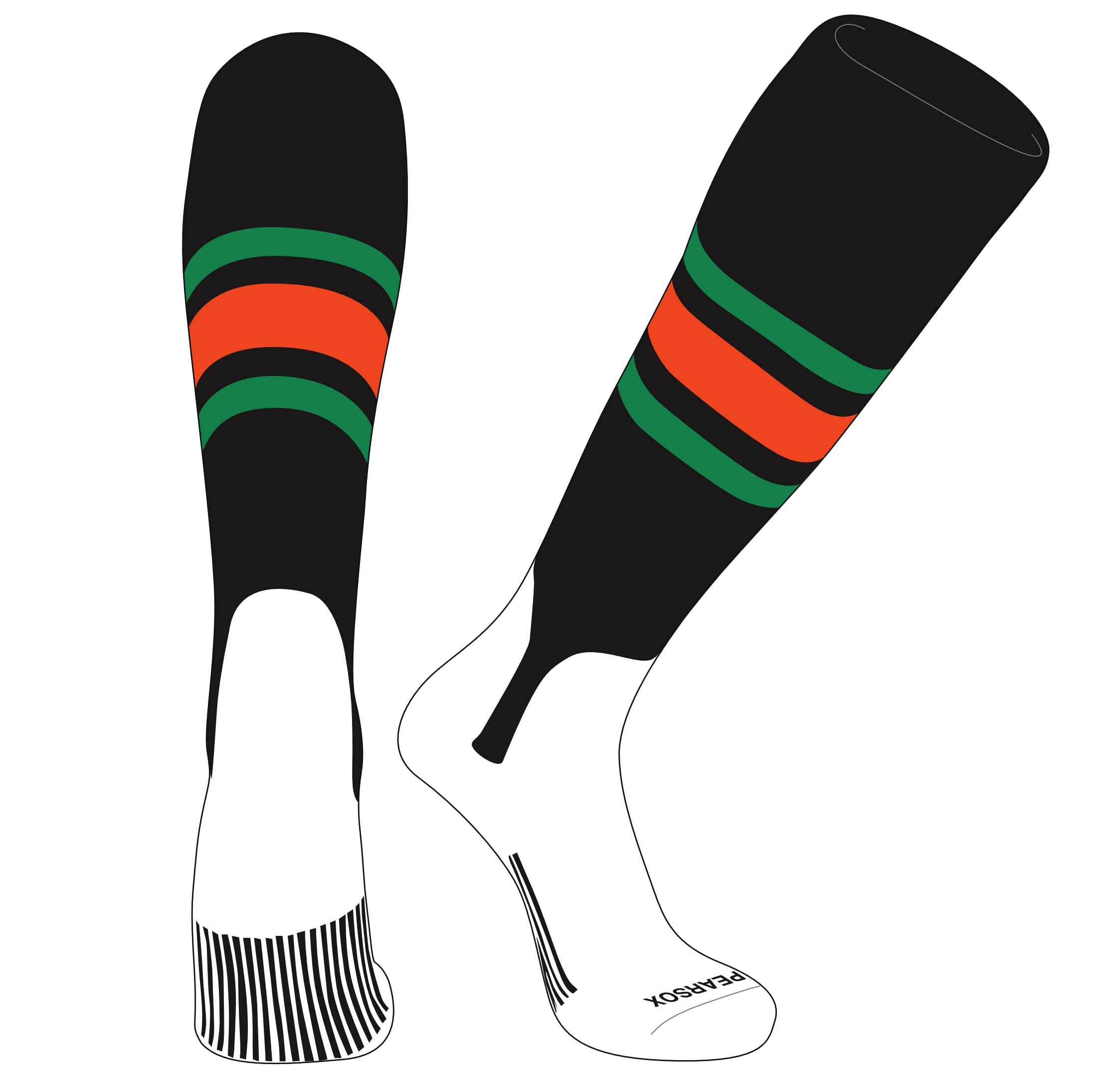 PEAR SOX OTC Baseball Softball Stirrup Socks (B, 5in) Black, Kelly Green, Orange (XS)