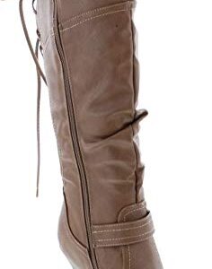 TOP Moda Womens Page-65 Knee High Round Toe Lace-Up Slouched High Heel Boots,Taupe,8.5