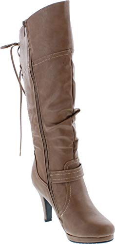 TOP Moda Womens Page-65 Knee High Round Toe Lace-Up Slouched High Heel Boots,Taupe,8.5