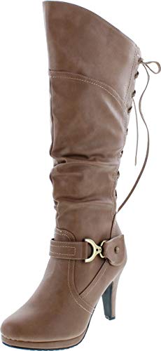 TOP Moda Womens Page-65 Knee High Round Toe Lace-Up Slouched High Heel Boots,Taupe,8.5