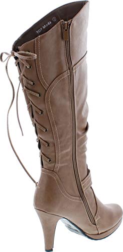 TOP Moda Womens Page-65 Knee High Round Toe Lace-Up Slouched High Heel Boots,Taupe,8.5