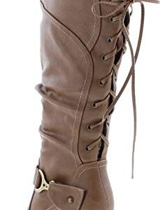 TOP Moda Womens Page-65 Knee High Round Toe Lace-Up Slouched High Heel Boots,Taupe,8.5