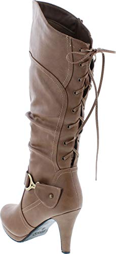 TOP Moda Womens Page-65 Knee High Round Toe Lace-Up Slouched High Heel Boots,Taupe,8.5