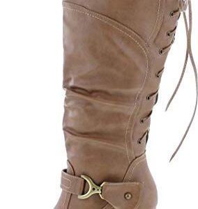 TOP Moda Womens Page-65 Knee High Round Toe Lace-Up Slouched High Heel Boots,Taupe,8.5