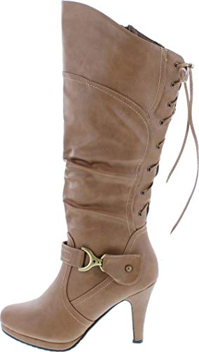 TOP Moda Womens Page-65 Knee High Round Toe Lace-Up Slouched High Heel Boots,Taupe,8.5