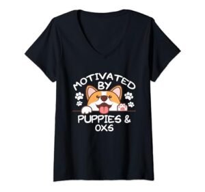 womens motivated by puppies and oxs t-shirt ox v-neck t-shirt