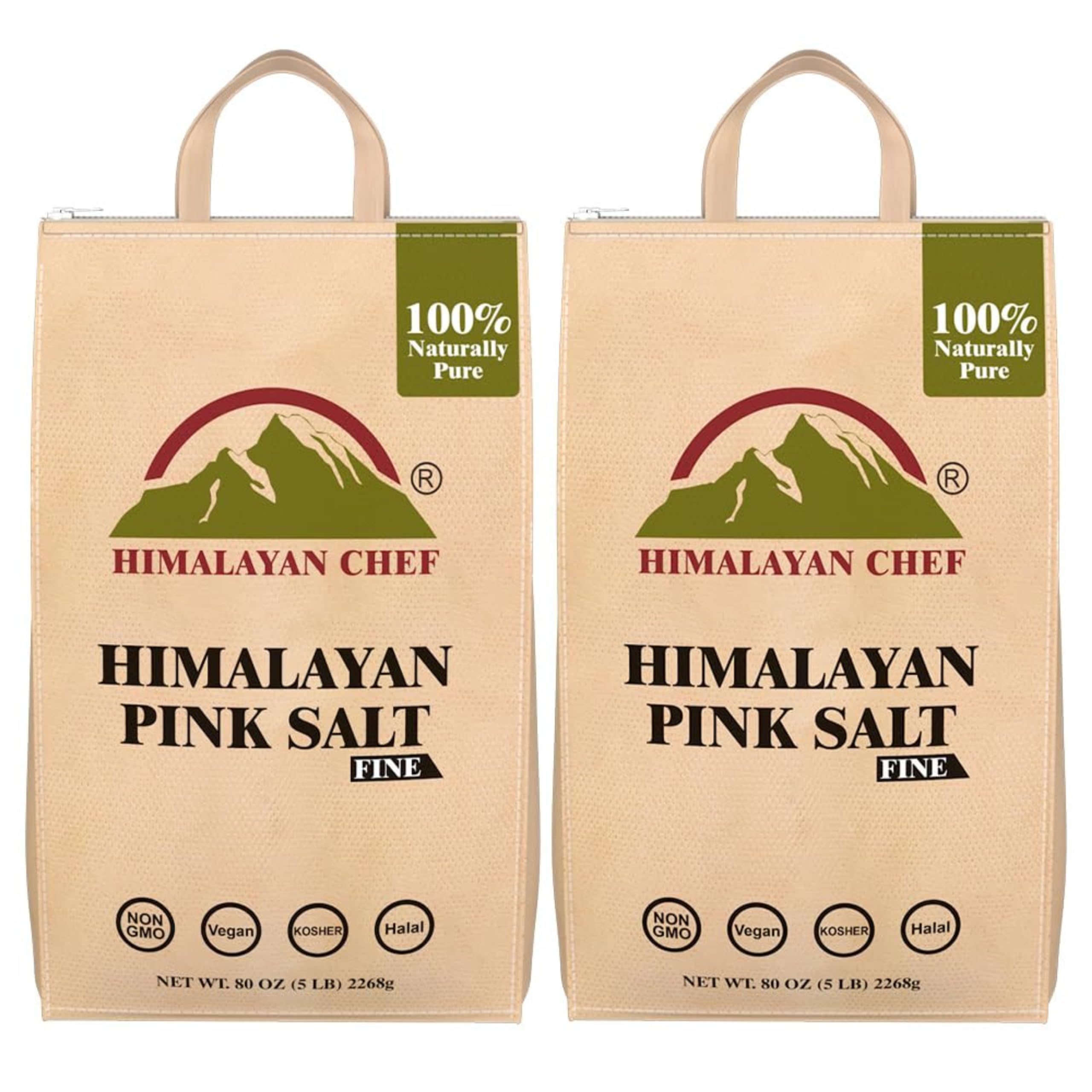 Himalayan Chef Himalayan Pink Salt, Kosher Certified Fine Grains, Non-GMO, Seasoning Salt, 100% Pure and Vegan with 84 Trace Minerals, 5lbs Each (Pack of 2)