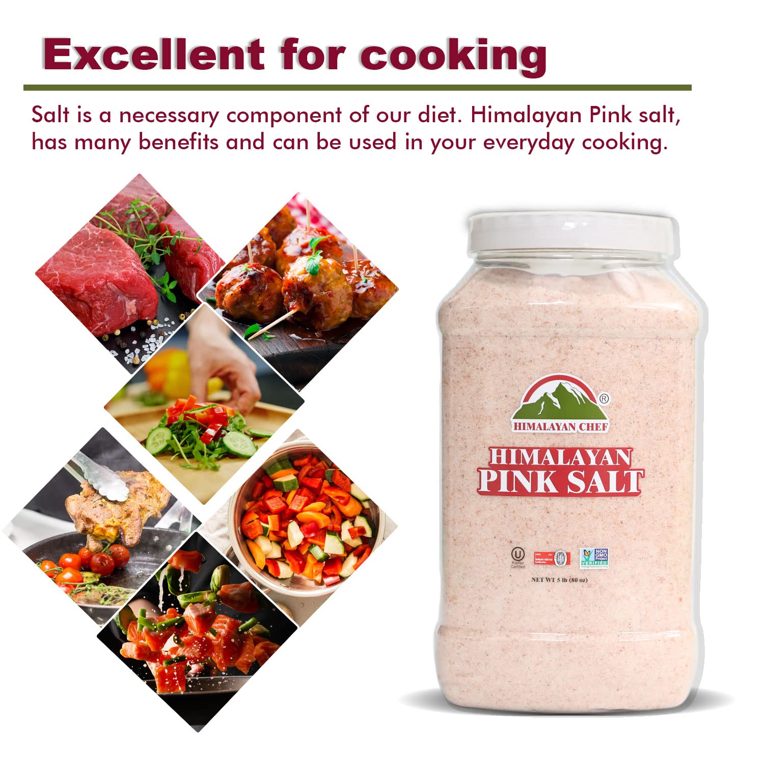 Himalayan Chef Pink Salt Fine Grain, Plastic Jar - 5lbs GMO & Gluten-Free