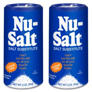 nu salt sodium-free salt substitute (2 pack) contains potassium chloride, table salt alternative, vegan, good for chips, pretzels, french fries, popcorn seasoning, 3oz shaker bottle