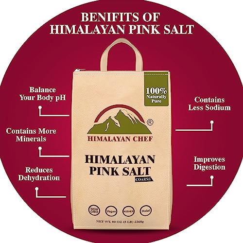 Himalayan Chef Himalayan Pink Salt - 5 lbs Coarse Grain Bulk Bag - 100% Natural and Pure Gourmet Crystals, Contains 84 Minerals, Table Salt, Kosher and Vegan | For Grinders & Salt Mills