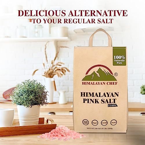 Himalayan Chef Himalayan Pink Salt - 5 lbs Coarse Grain Bulk Bag - 100% Natural and Pure Gourmet Crystals, Contains 84 Minerals, Table Salt, Kosher and Vegan | For Grinders & Salt Mills