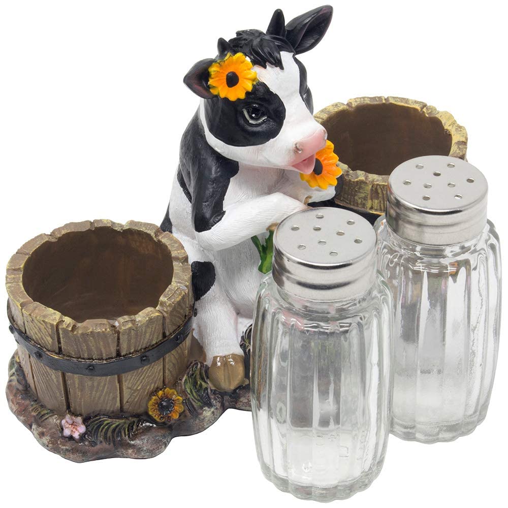 Decorative Holstein Cow Salt and Pepper Shaker Set with Old Fashioned Water Pails Holder Figurine in Farm Animal Decorations As Spice Racks and Rustic Country Kitchen Décor Or Gifts for Farmers