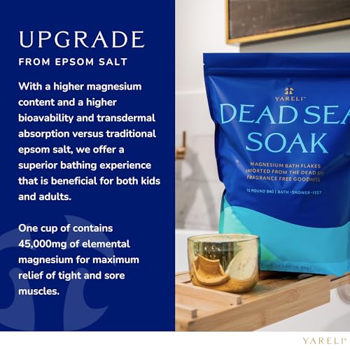 Yareli Dead Sea Bath & Foot Soak, Unscented Magnesium Bath Salt Flakes, Alternative to Epsom Salt, 15lbs with Over 800,000mg of Elemental Magnesium Per Bag