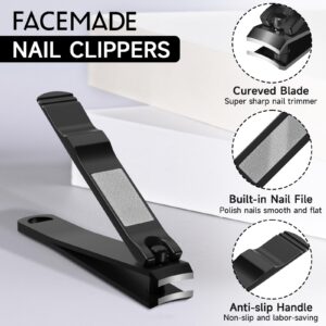 FACEMADE Nail Clippers Set - 2 Pack Premium Sharp Stainless Steel Fingernail & Toenail Clippers with Sturdy Travel Tin Case, Professional Manicure Kit Fingernail Tools for Nail Care (Black)