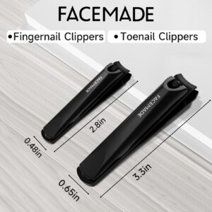 FACEMADE Nail Clippers Set - 2 Pack Premium Sharp Stainless Steel Fingernail & Toenail Clippers with Sturdy Travel Tin Case, Professional Manicure Kit Fingernail Tools for Nail Care (Black)