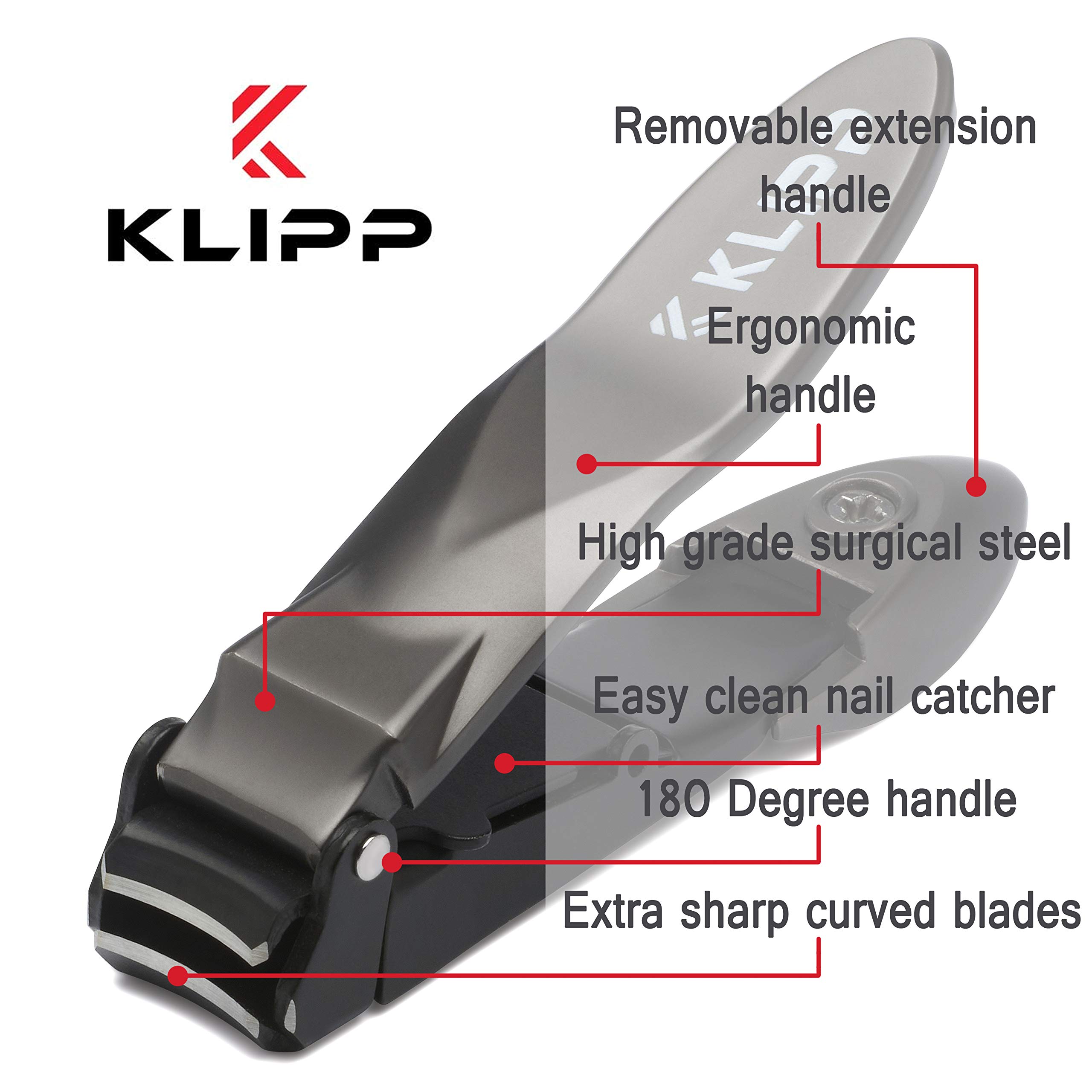 Nail Clippers for Men with Catcher - KLIPP Razor-Sharp Heavy Duty Self-Collecting Nail Cutters with Ergonomic Lever Keep Fingernails and Toenails Impeccably Manicured - Includes Ziplock Pouch