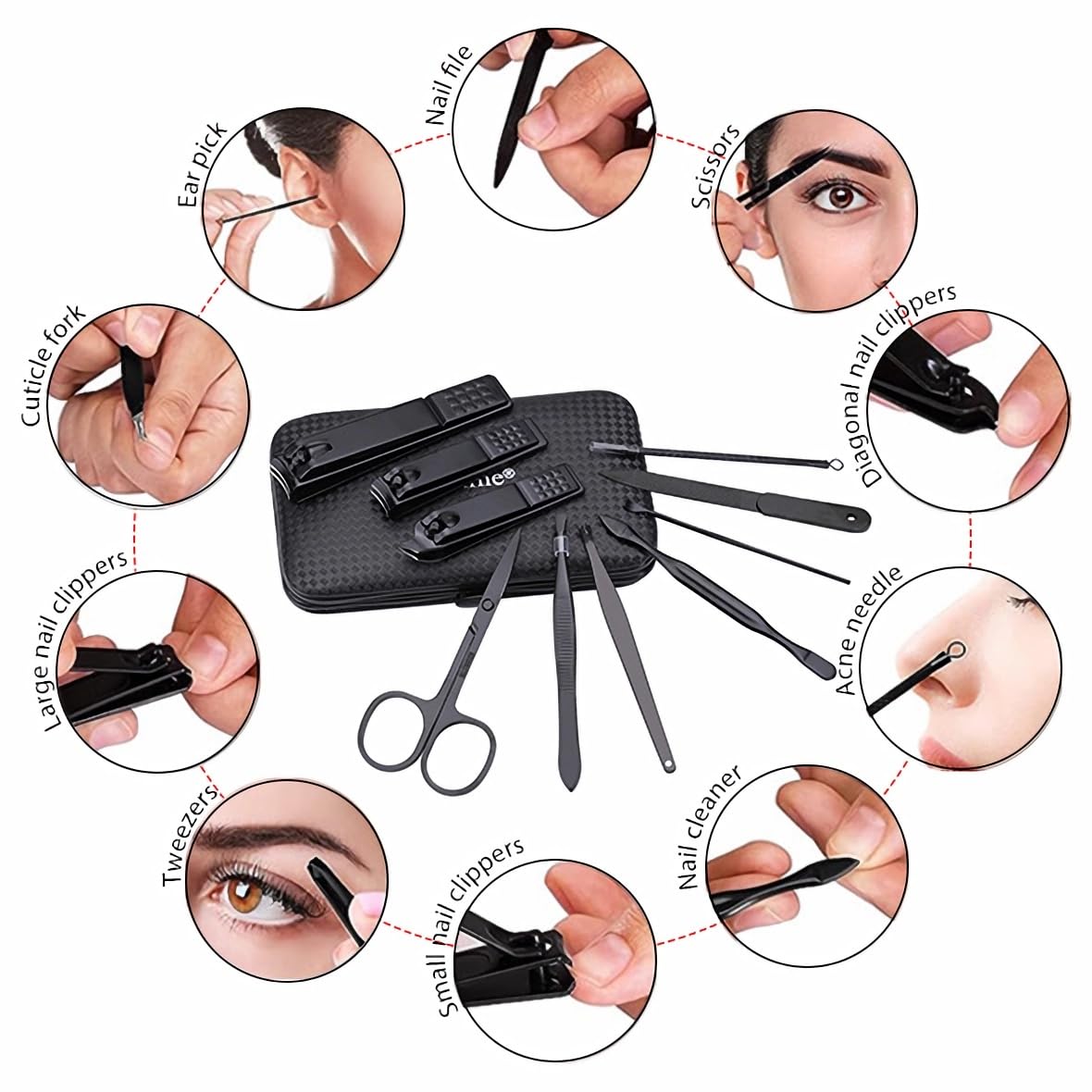 Glamne Manicure Set Nail Clippers Kit Professional Stainless Steel Nail Care Tools with Leather Travel Case 10 in 1 Black