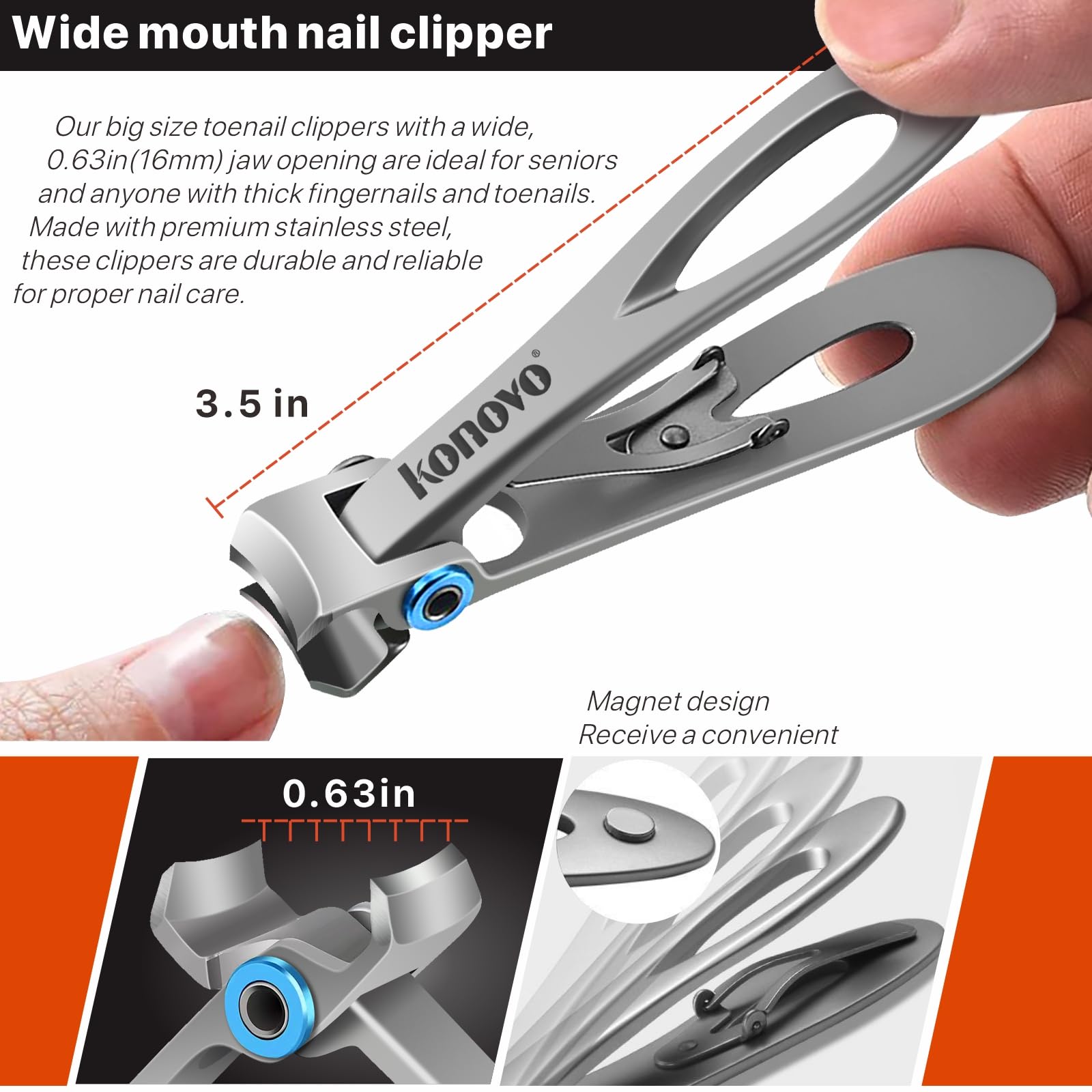 Konovo Toenail Clippers for Seniors Thick Toenails, Toe Nail Clippers Adult Thick Nails Long Handle 16mm Wide Jaw Opening Nail Clippers Heavy Duty Nail Clippers Kit 5Pcs