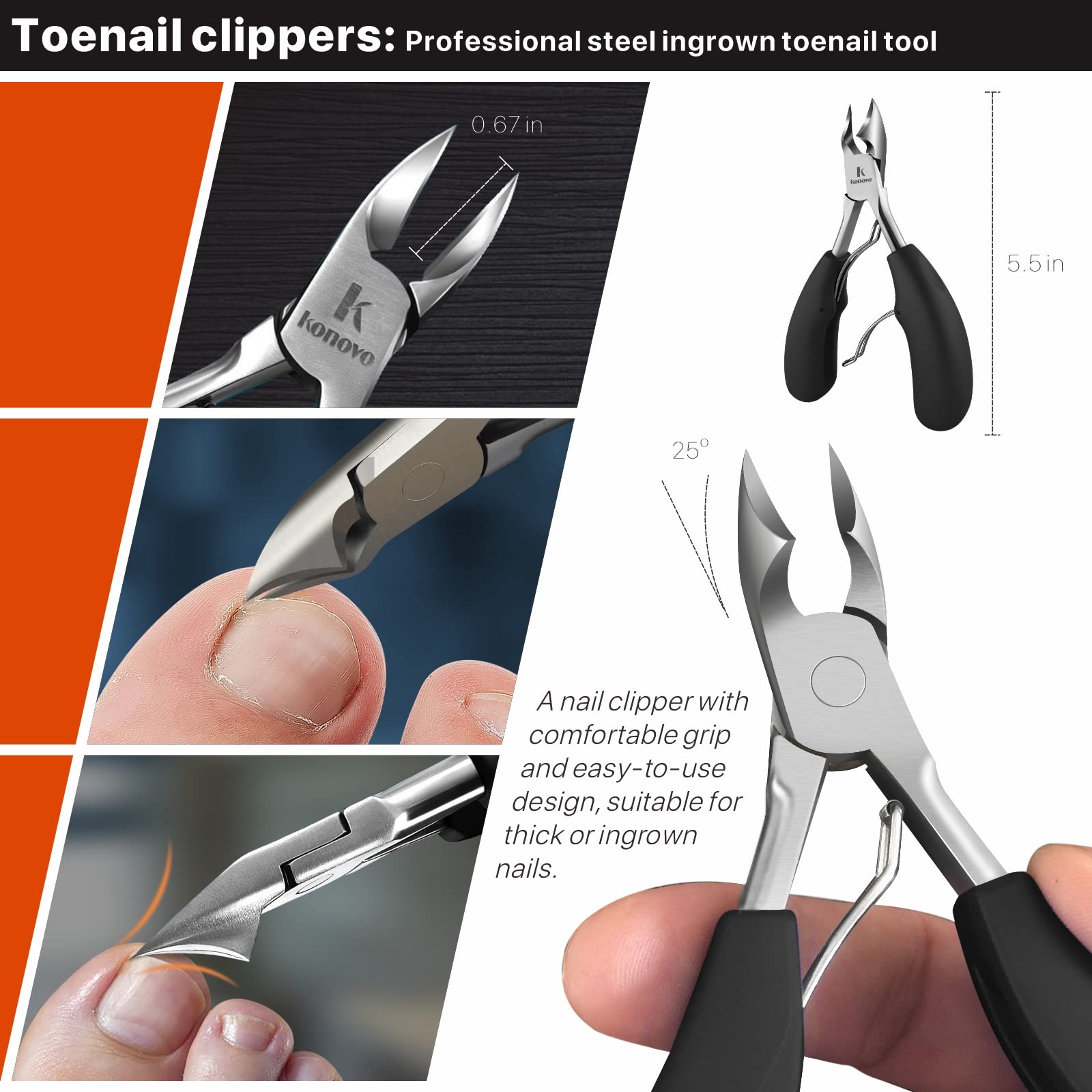 Konovo Toenail Clippers for Seniors Thick Toenails, Toe Nail Clippers Adult Thick Nails Long Handle 16mm Wide Jaw Opening Nail Clippers Heavy Duty Nail Clippers Kit 5Pcs