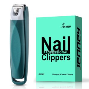 Jenney Nail Clipper with Catcher, Sharp Stainless Steel Fingernail and Toenail Cutters, No Splash Professional Nail Clippers with File, Dark Green Sturdy Durable Nail Trimmer for Women and Men