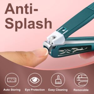 Jenney Nail Clipper with Catcher, Sharp Stainless Steel Fingernail and Toenail Cutters, No Splash Professional Nail Clippers with File, Dark Green Sturdy Durable Nail Trimmer for Women and Men