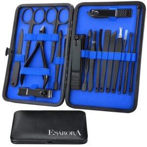 manicure set, esarora 18 in 1 stainless steel professional pedicure kit nail scissors grooming kit with black leather travel case