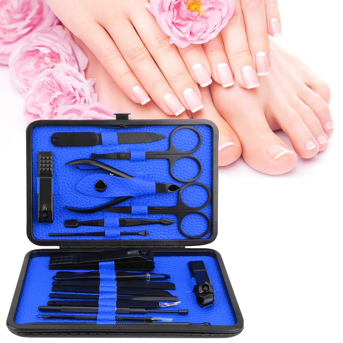 Manicure Set, ESARORA 18 In 1 Stainless Steel Professional Pedicure Kit Nail Scissors Grooming Kit with Black Leather Travel Case