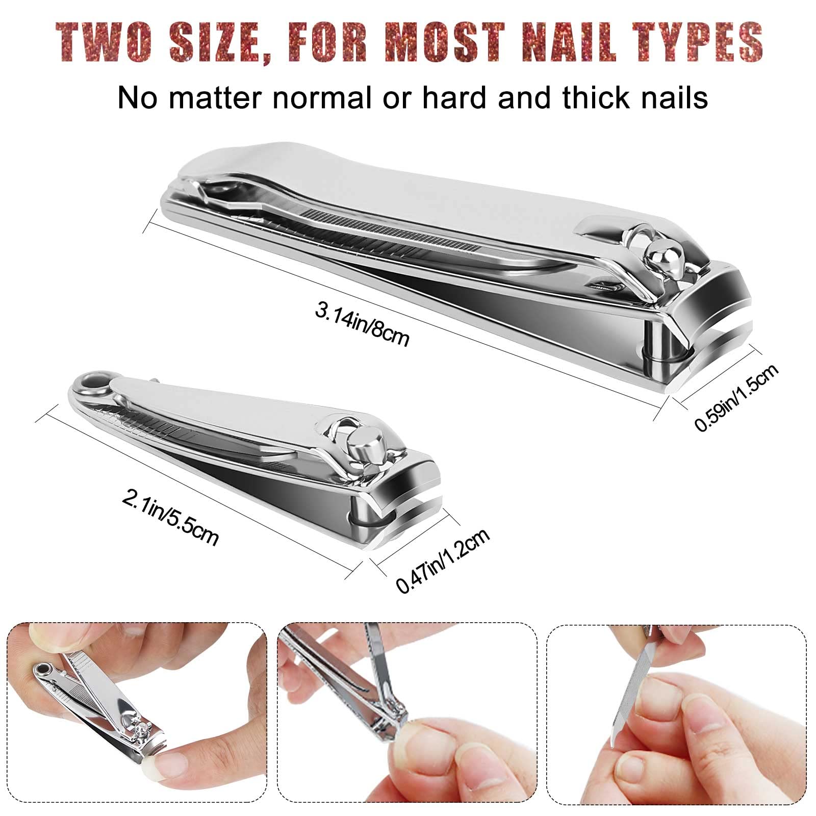 Nail Clippers, Toenail Clippers, Fingernail Clipper Cutters, Stainless Steel Toe Nail Clippers with Sharp Curved Blades and File, Nail Clippers for Men Women Kids(Large & Small)