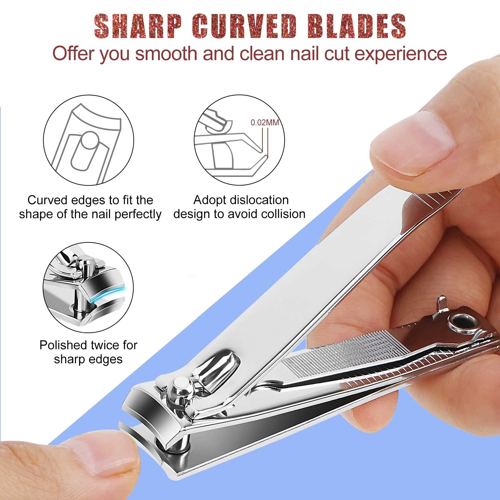 Nail Clippers, Toenail Clippers, Fingernail Clipper Cutters, Stainless Steel Toe Nail Clippers with Sharp Curved Blades and File, Nail Clippers for Men Women Kids(Large & Small)