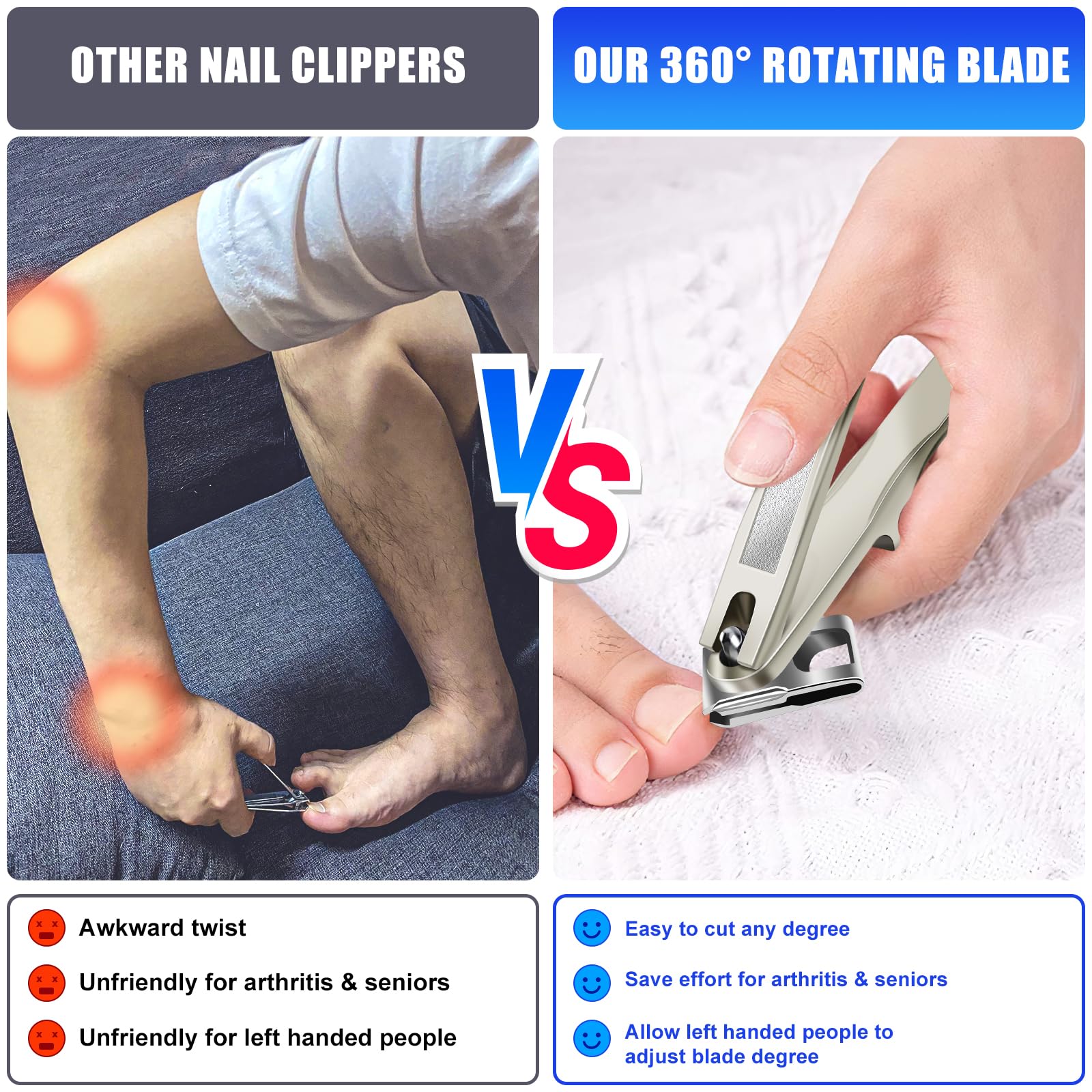 Nail Clippers for Men, 360 Rotary Toenail Clippers with Long Handle & Easy Grip, Heavy Duty Sharp Stainless Steel Fingernail Clipper for Seniors Men Women