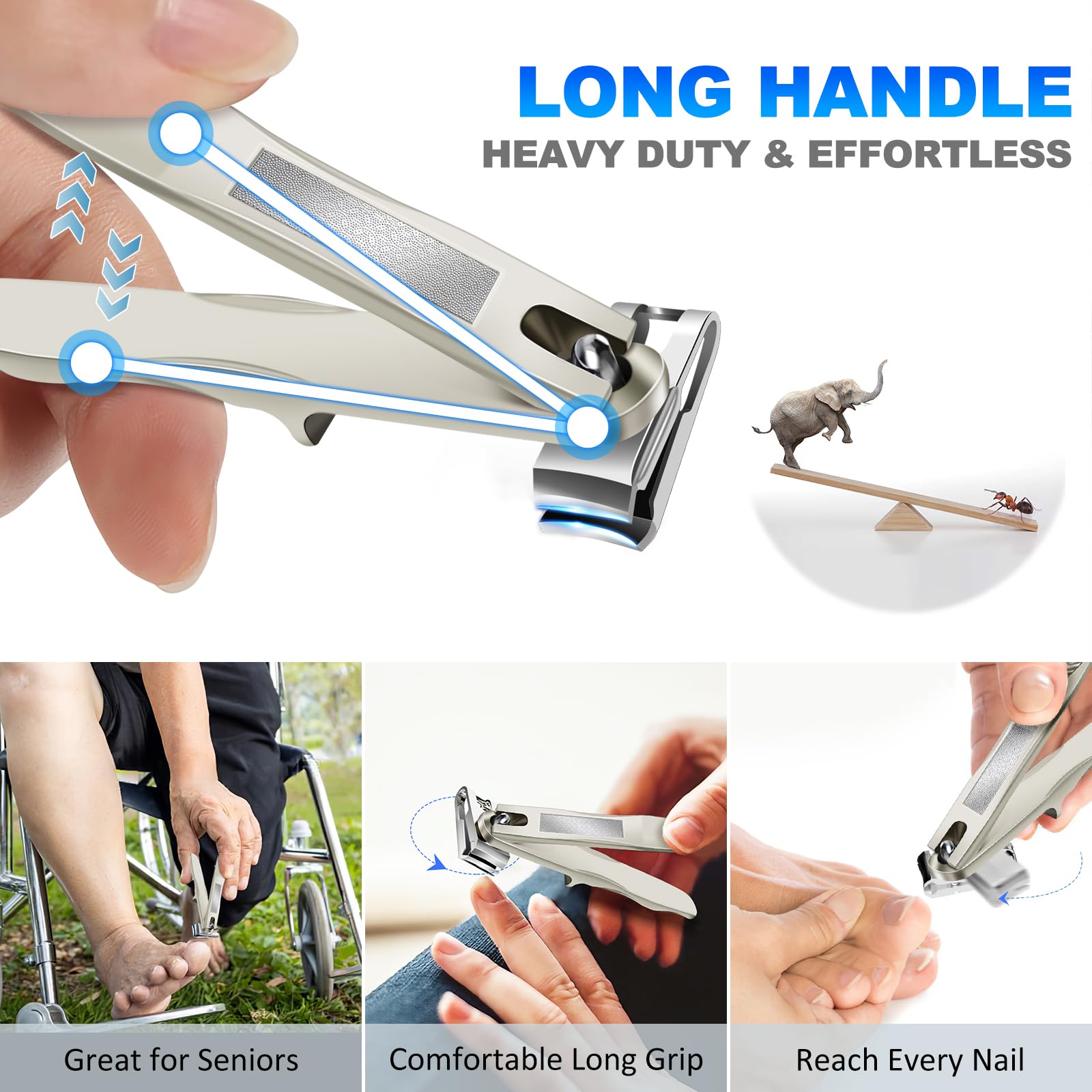 Nail Clippers for Men, 360 Rotary Toenail Clippers with Long Handle & Easy Grip, Heavy Duty Sharp Stainless Steel Fingernail Clipper for Seniors Men Women