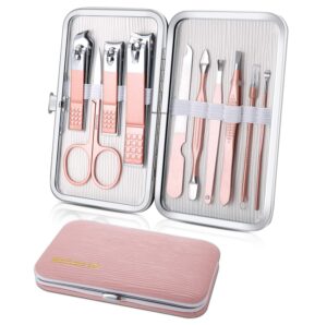 manicure set, travel mini nail clippers kit pedicure care tools, 10pcs stainless steel grooming kit (pink)